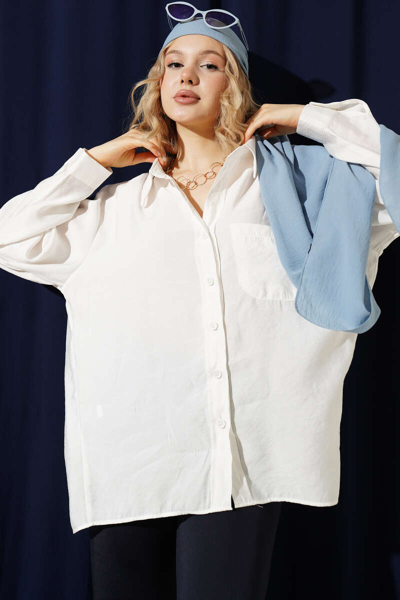 Oversized Shirt with Collar Pocket - Ecru