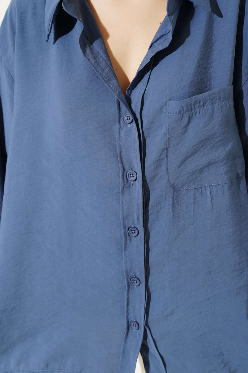 Oversized Shirt with Collar Pocket - Indigo