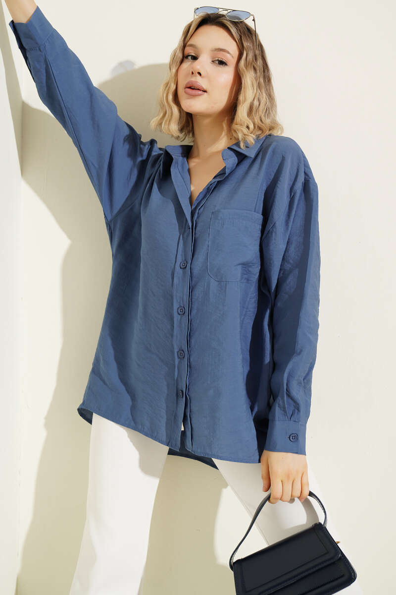 Oversized Shirt with Collar Pocket - Indigo