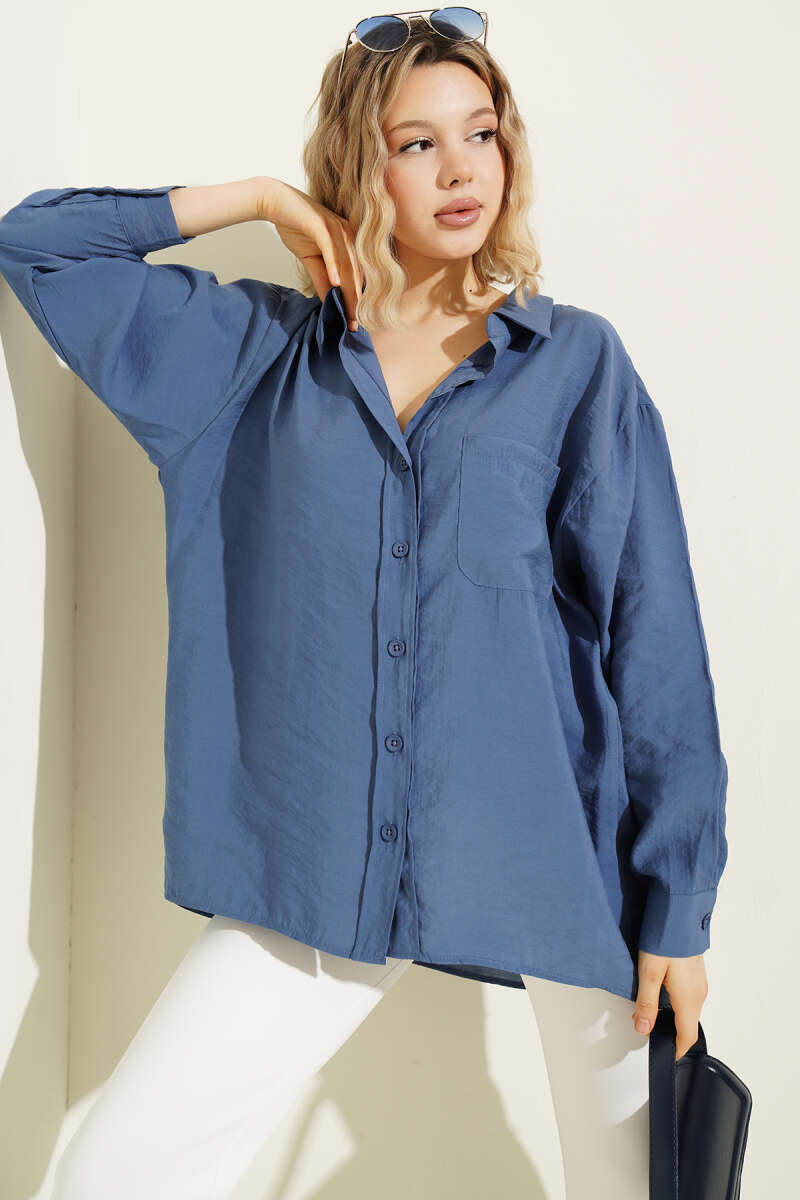 Oversized Shirt with Collar Pocket - Indigo