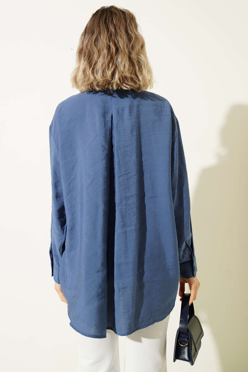 Oversized Shirt with Collar Pocket - Indigo