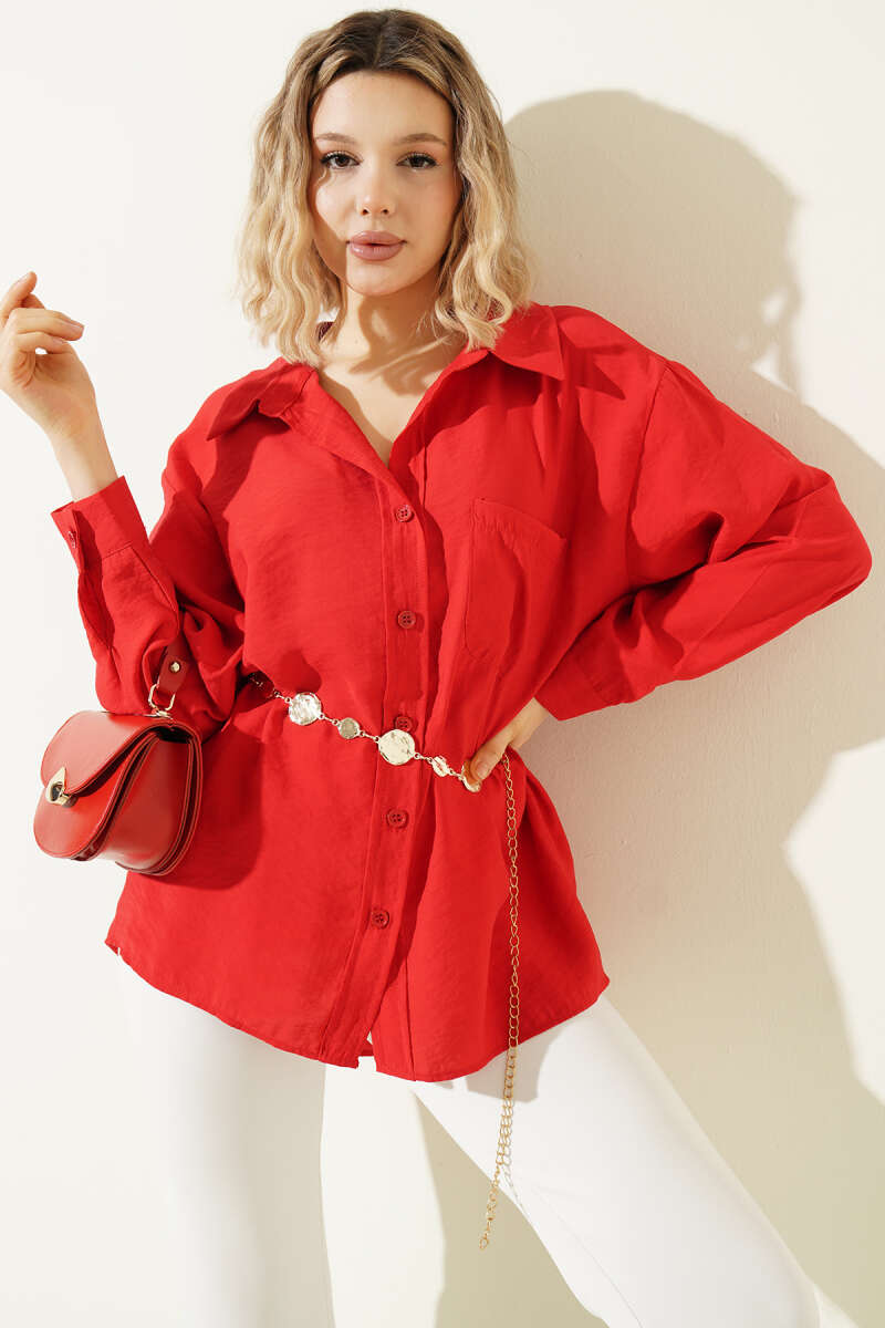 Oversized Shirt with Collar Pocket - Red