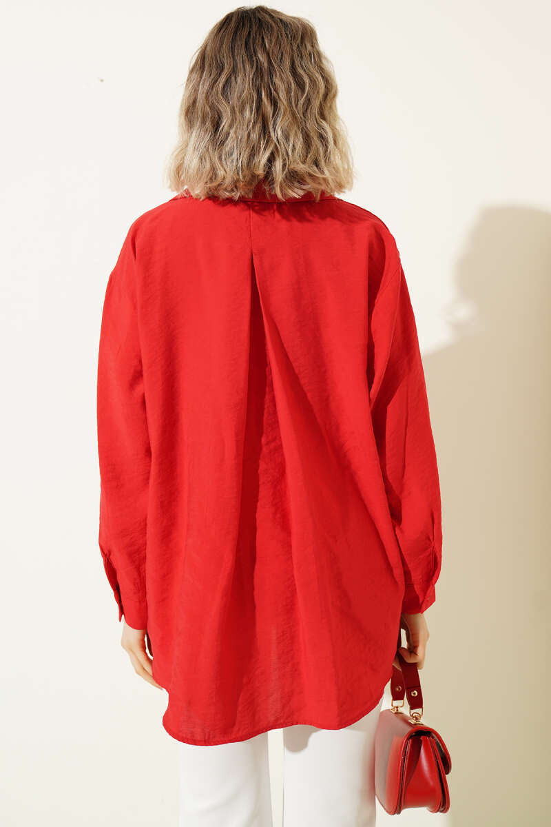 Oversized Shirt with Collar Pocket - Red