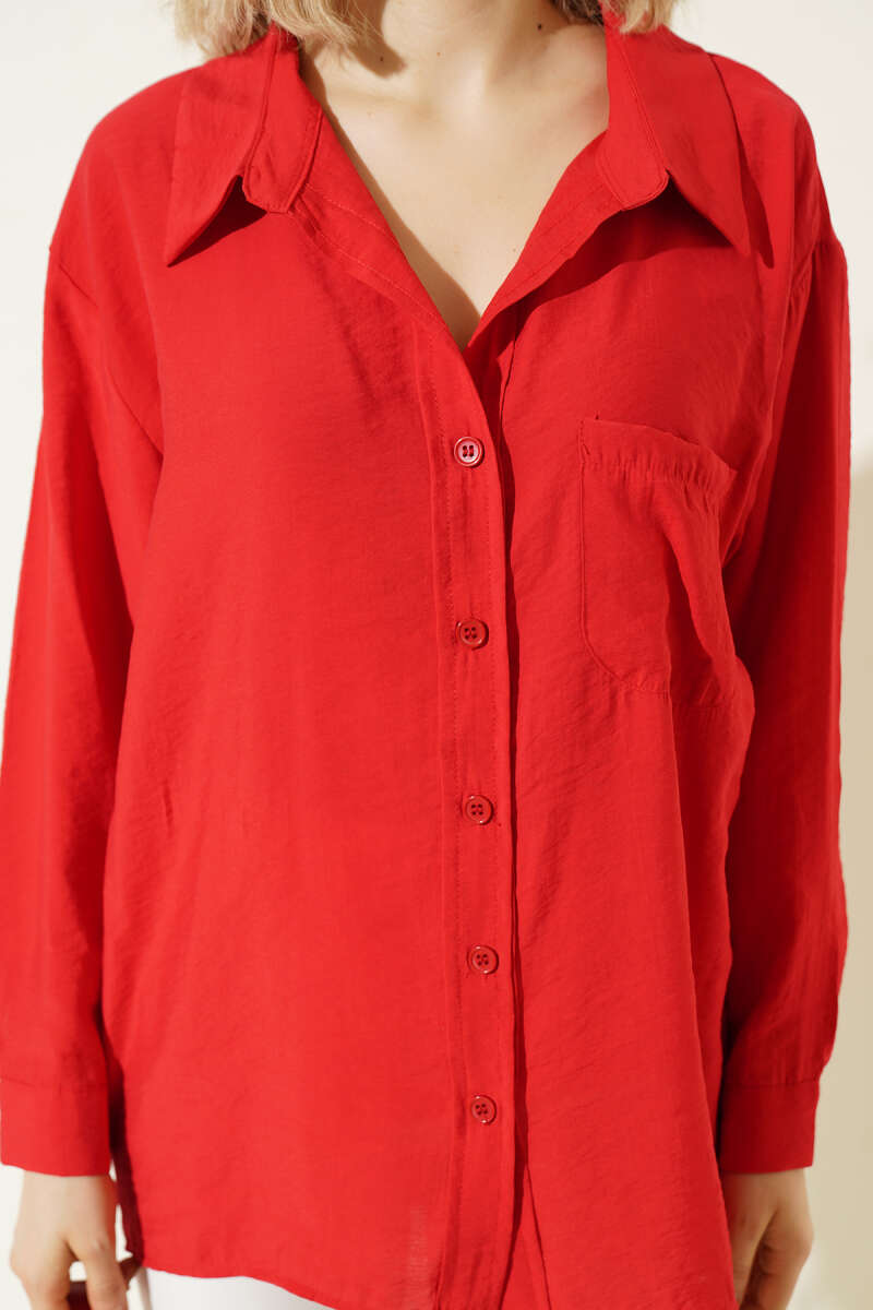 Oversized Shirt with Collar Pocket - Red
