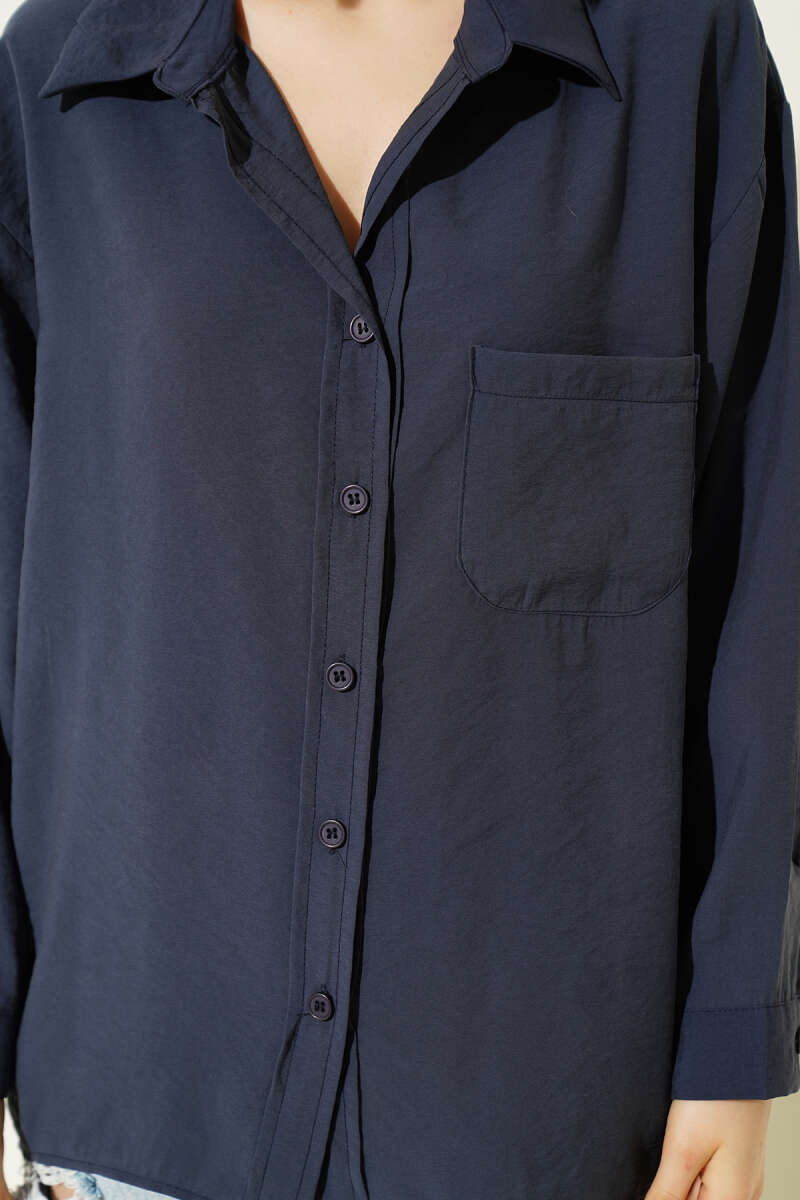 Oversized Shirt with Collar Pocket - Navy