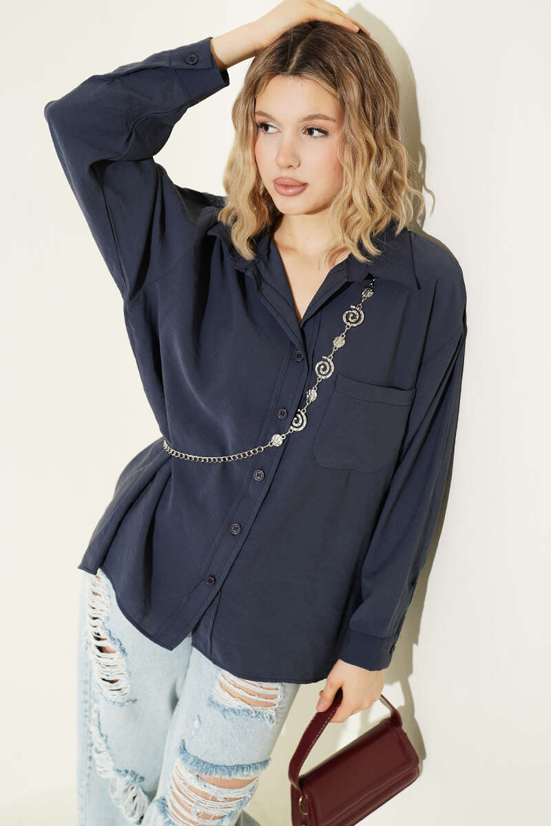 Oversized Shirt with Collar Pocket - Navy