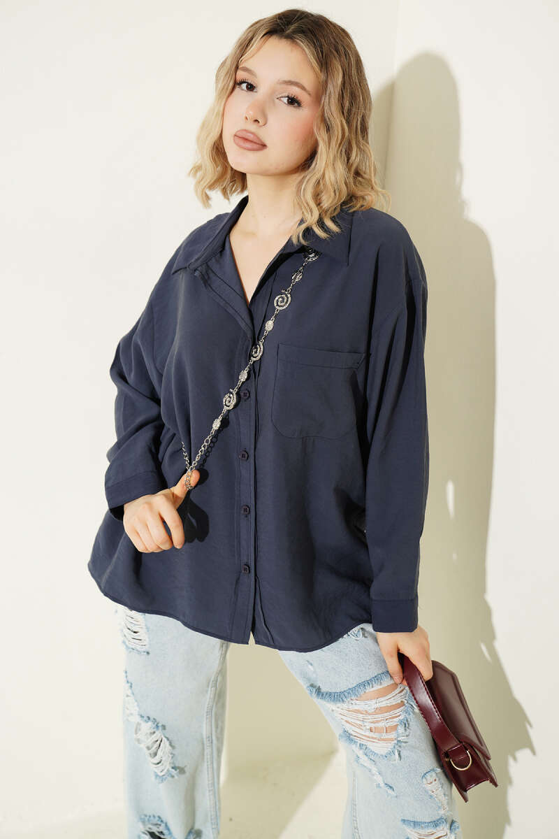 Oversized Shirt with Collar Pocket - Navy