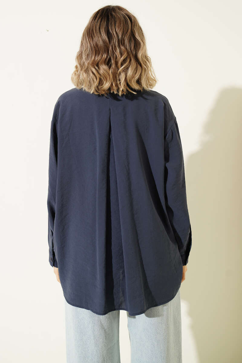 Oversized Shirt with Collar Pocket - Navy