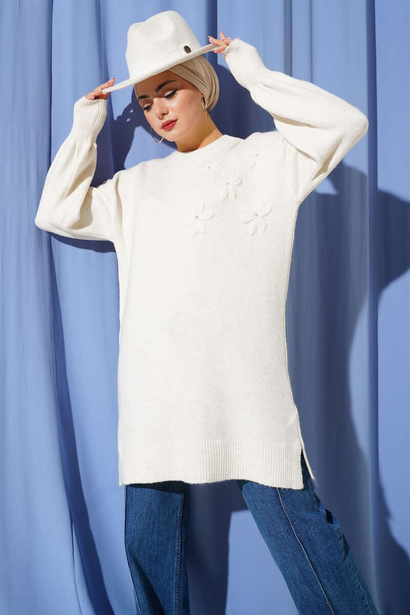 Soft Knit Tunic with Floral Collar - Ecru