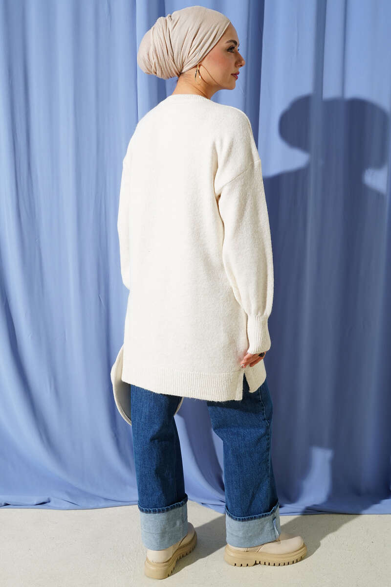 Soft Knit Tunic with Floral Collar - Ecru