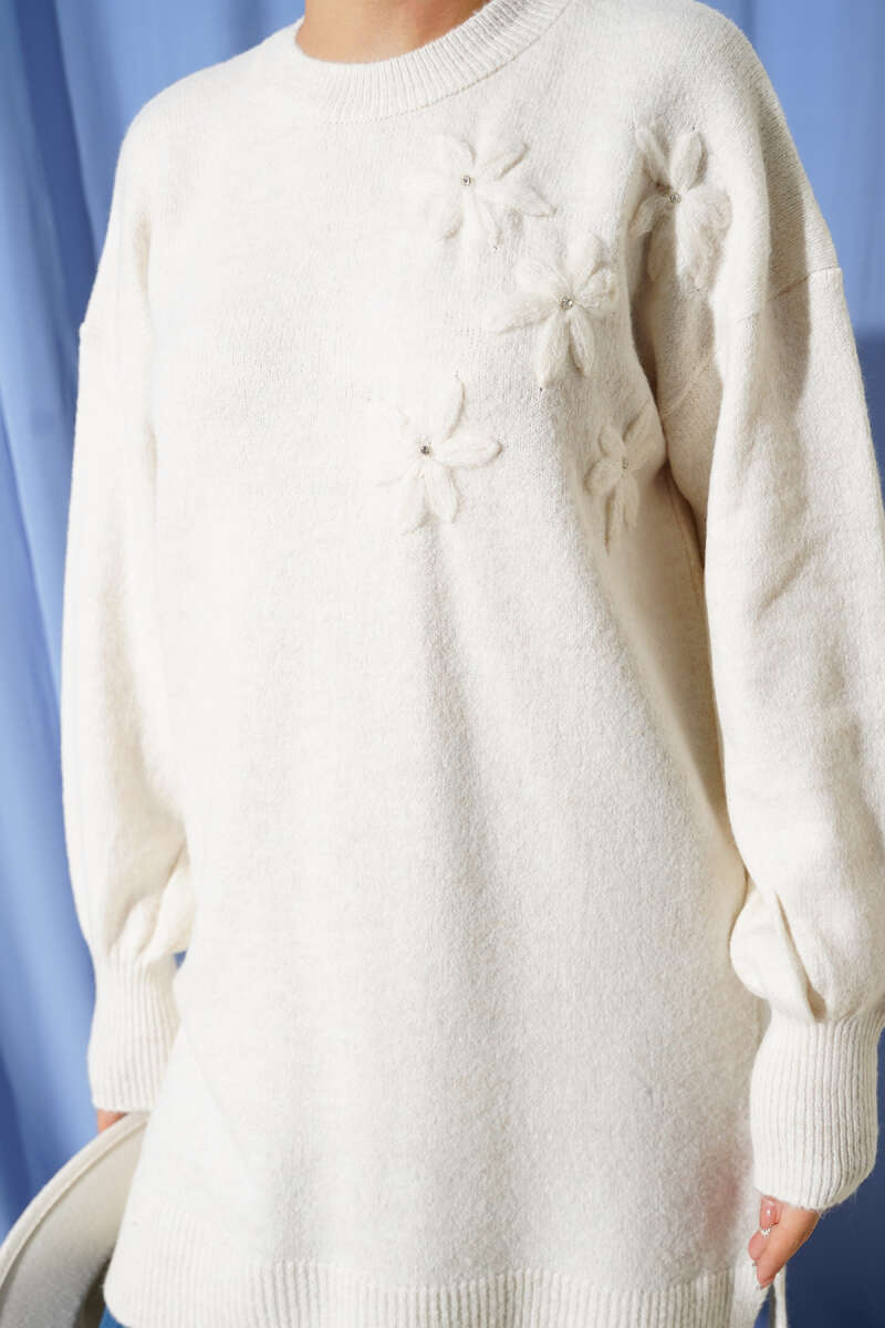 Soft Knit Tunic with Floral Collar - Ecru
