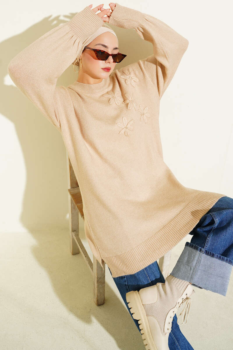 Soft Knit Tunic with Floral Collar - Latte