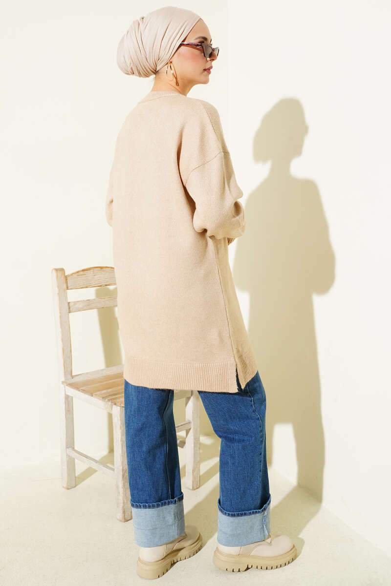 Soft Knit Tunic with Floral Collar - Latte