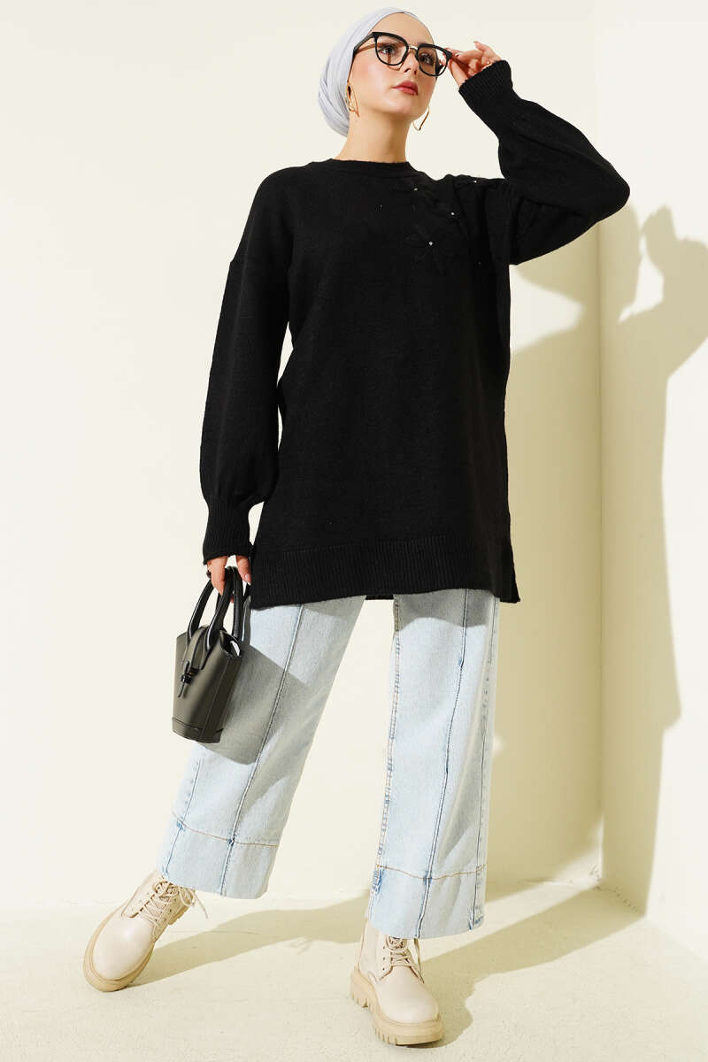 Soft Knit Tunic with Floral Collar - Black