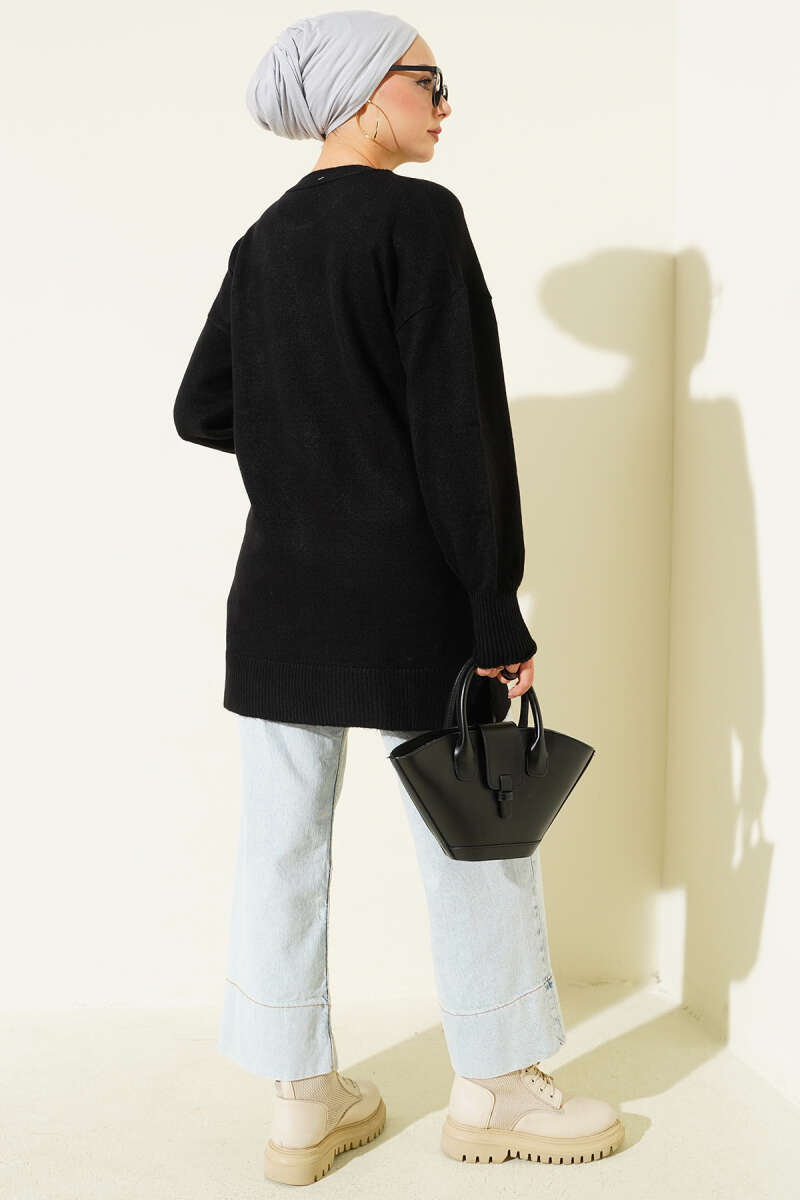 Soft Knit Tunic with Floral Collar - Black