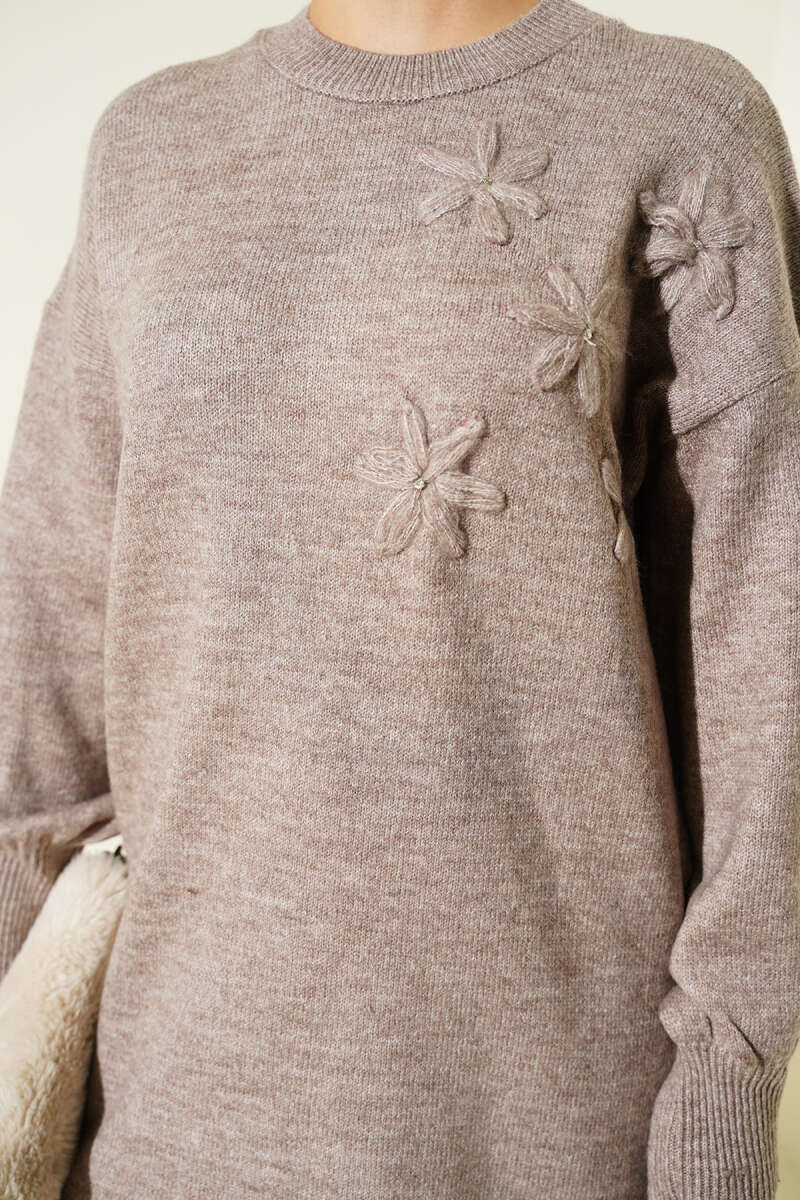 Soft Knit Tunic with Floral Collar - Mink