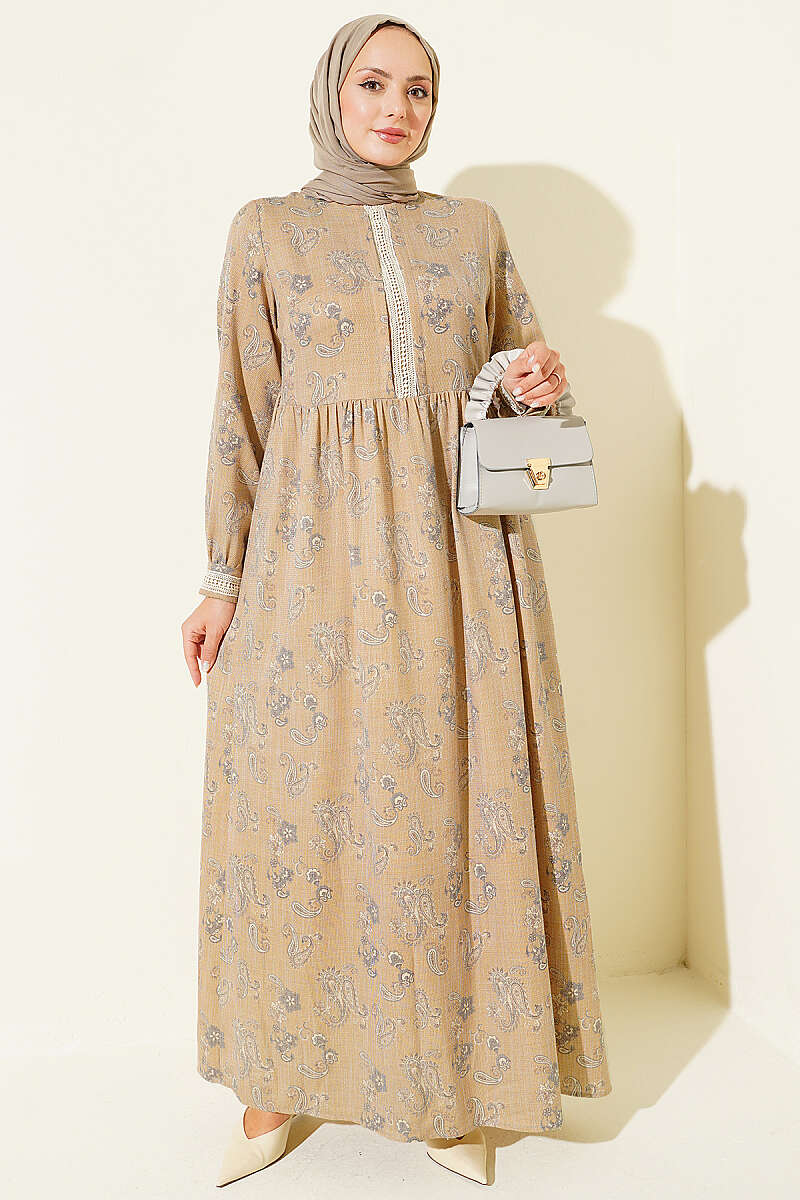 Dress with Lace-Trim Collar - Mustard
