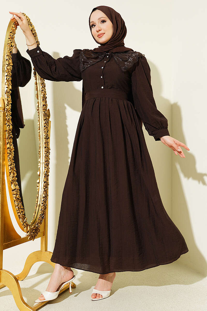 Lace-Collar Puff-Sleeve Dress - Brown