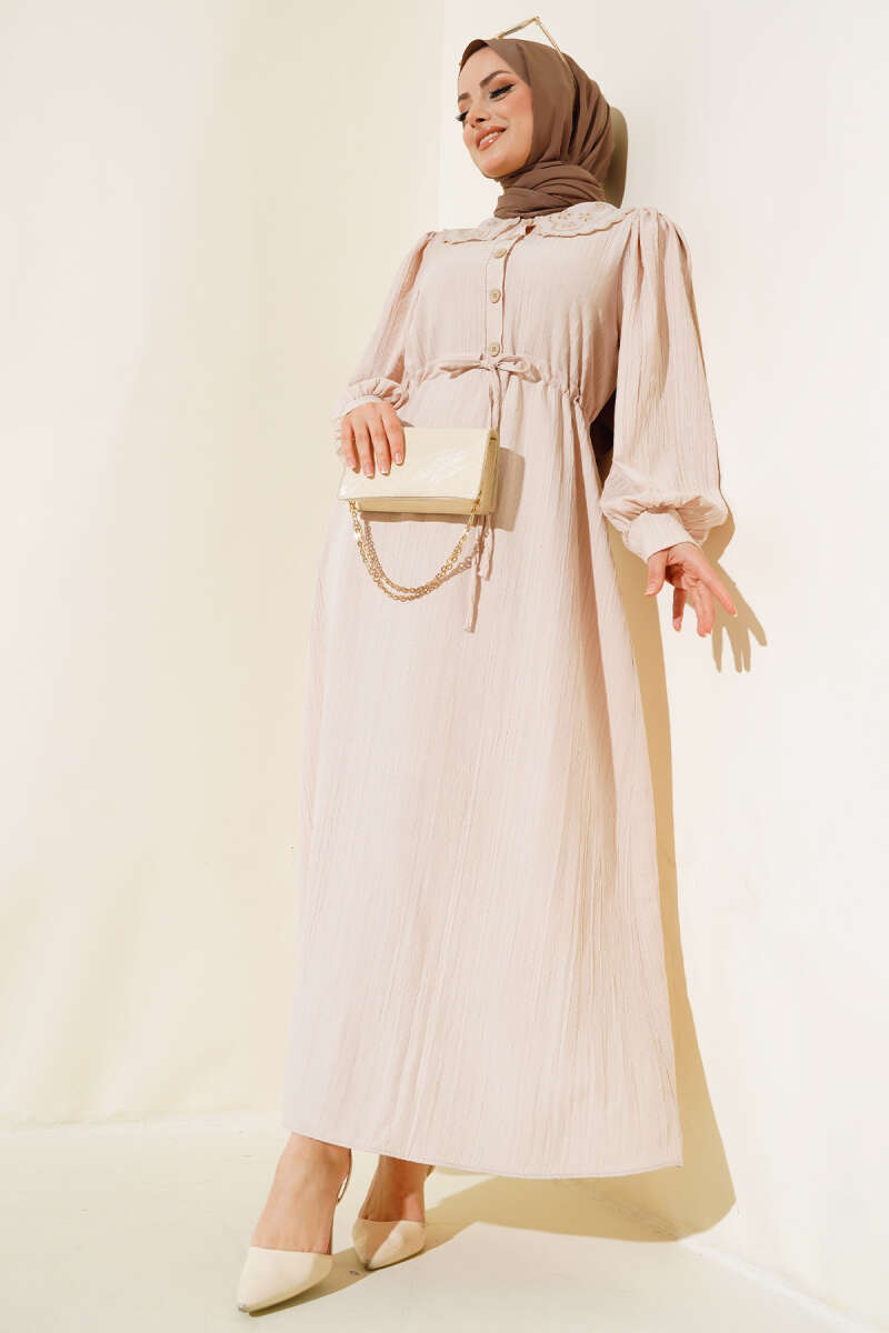 Button Dress with Lace Collar - Beige