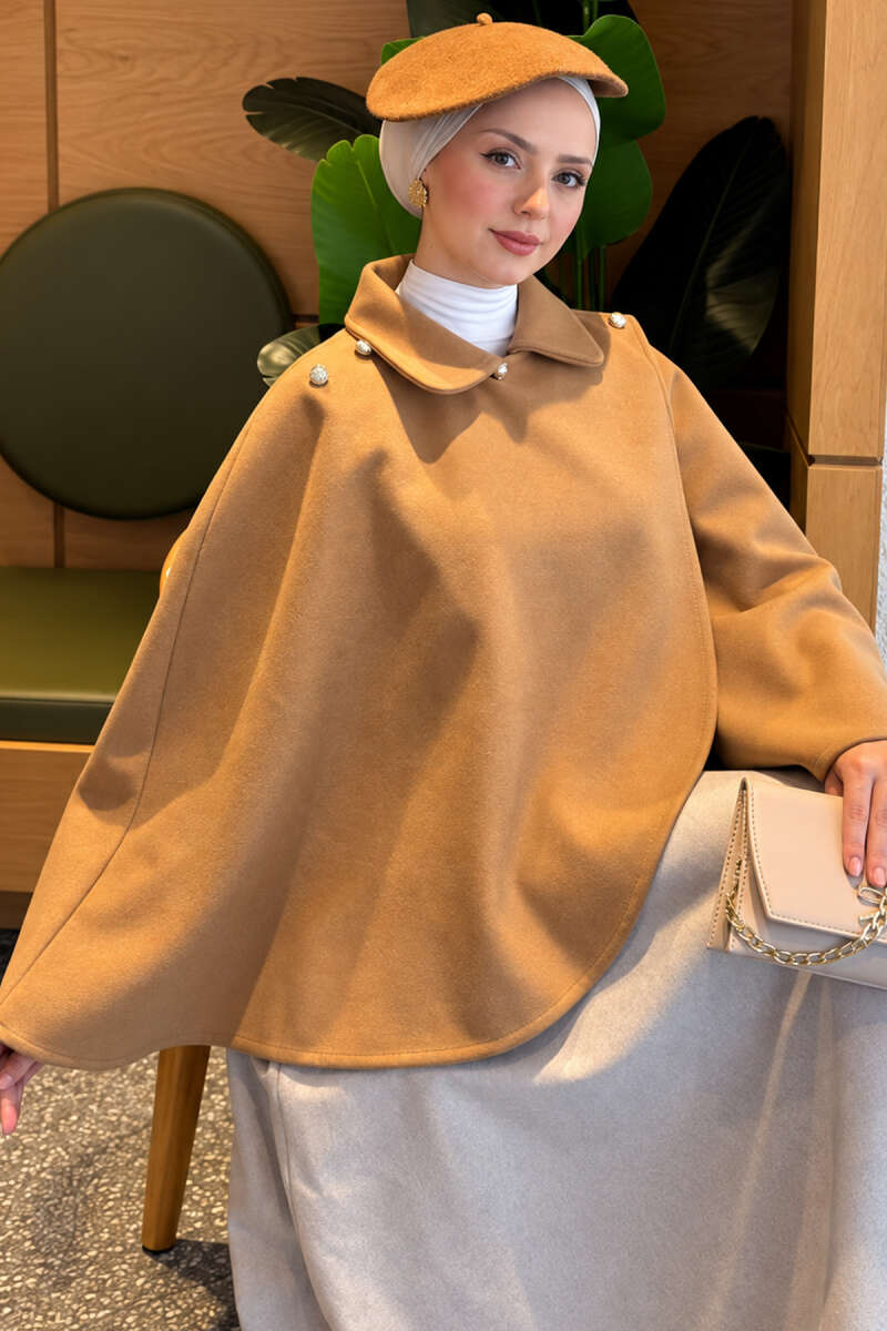 Poncho with Button Collar - Camel
