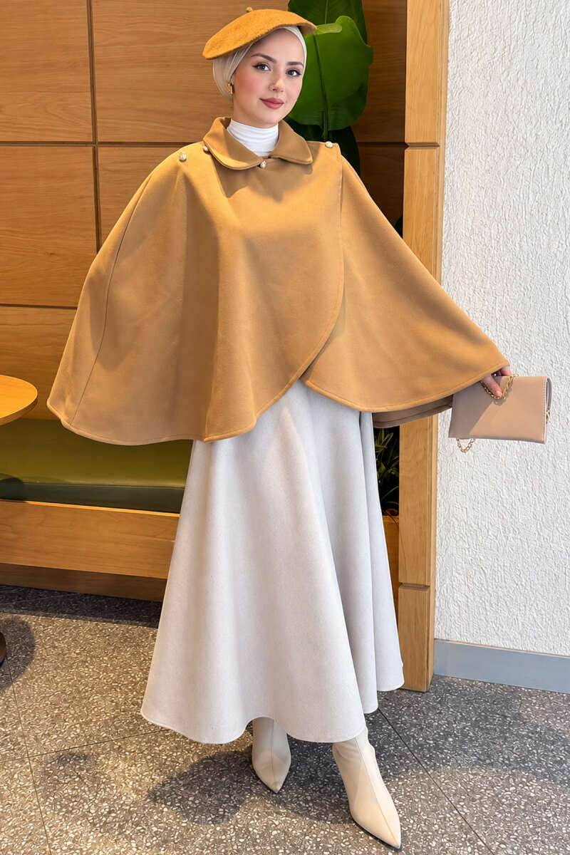 Poncho with Button Collar - Camel