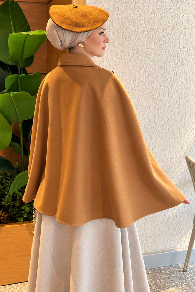 Poncho with Button Collar - Camel