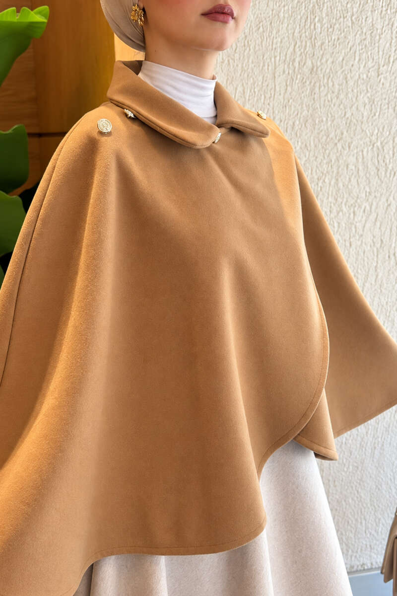 Poncho with Button Collar - Camel