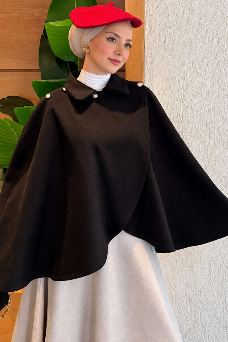 Poncho with Button Collar - Black