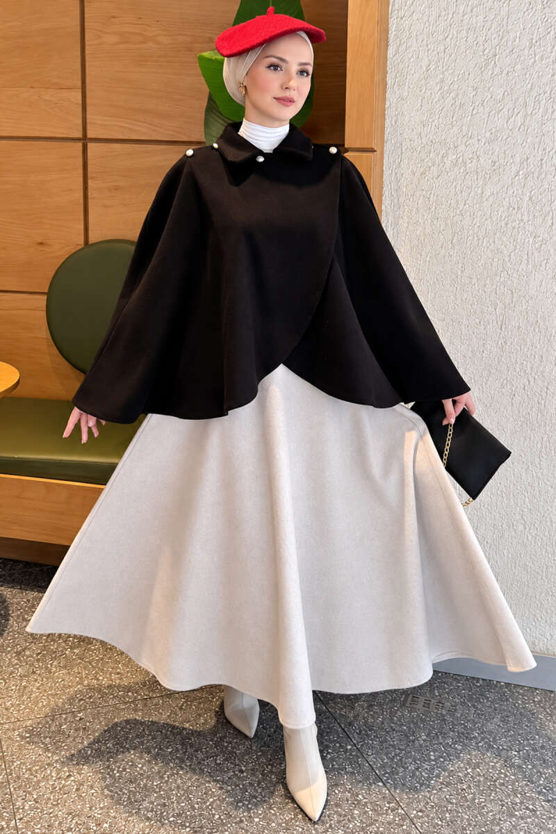 Poncho with Button Collar - Black