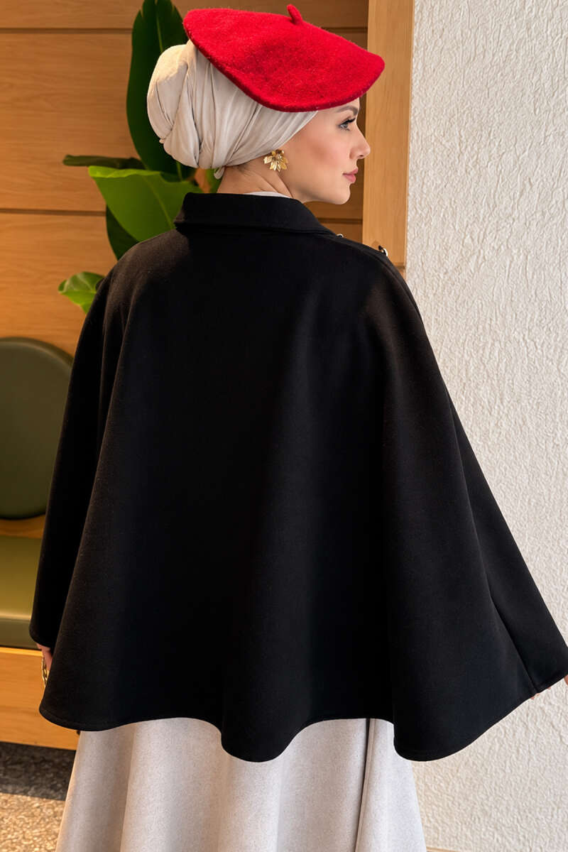 Poncho with Button Collar - Black