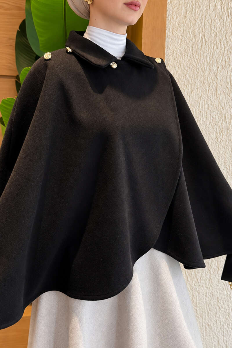 Poncho with Button Collar - Black