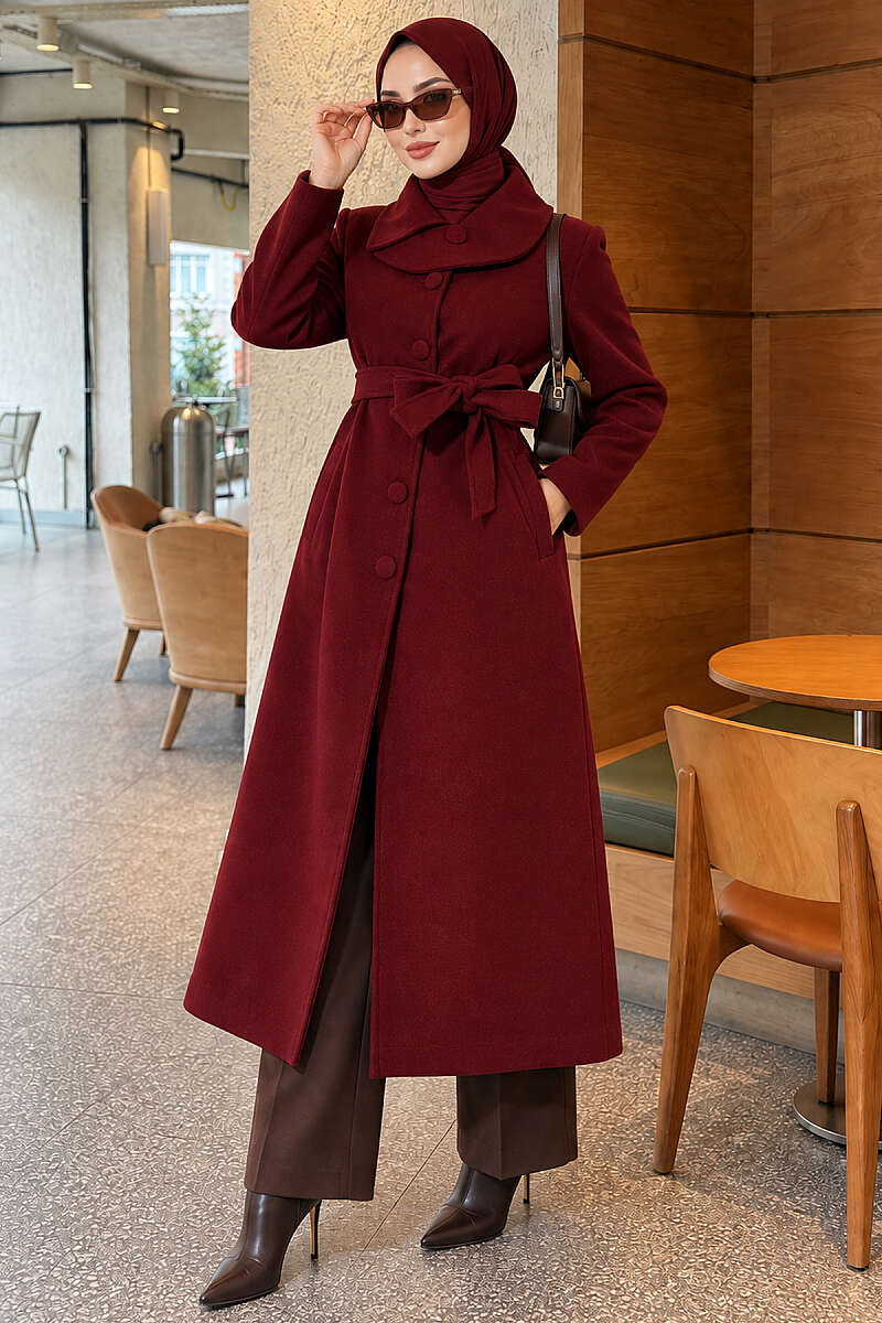 Belted Felt Coat with Buttoned Collar - Burgundy
