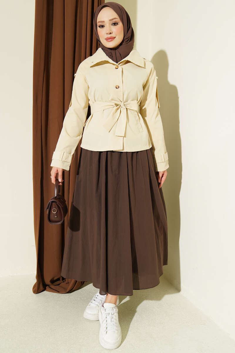 Trench Coat with Button Collar and Epaulettes - Beige