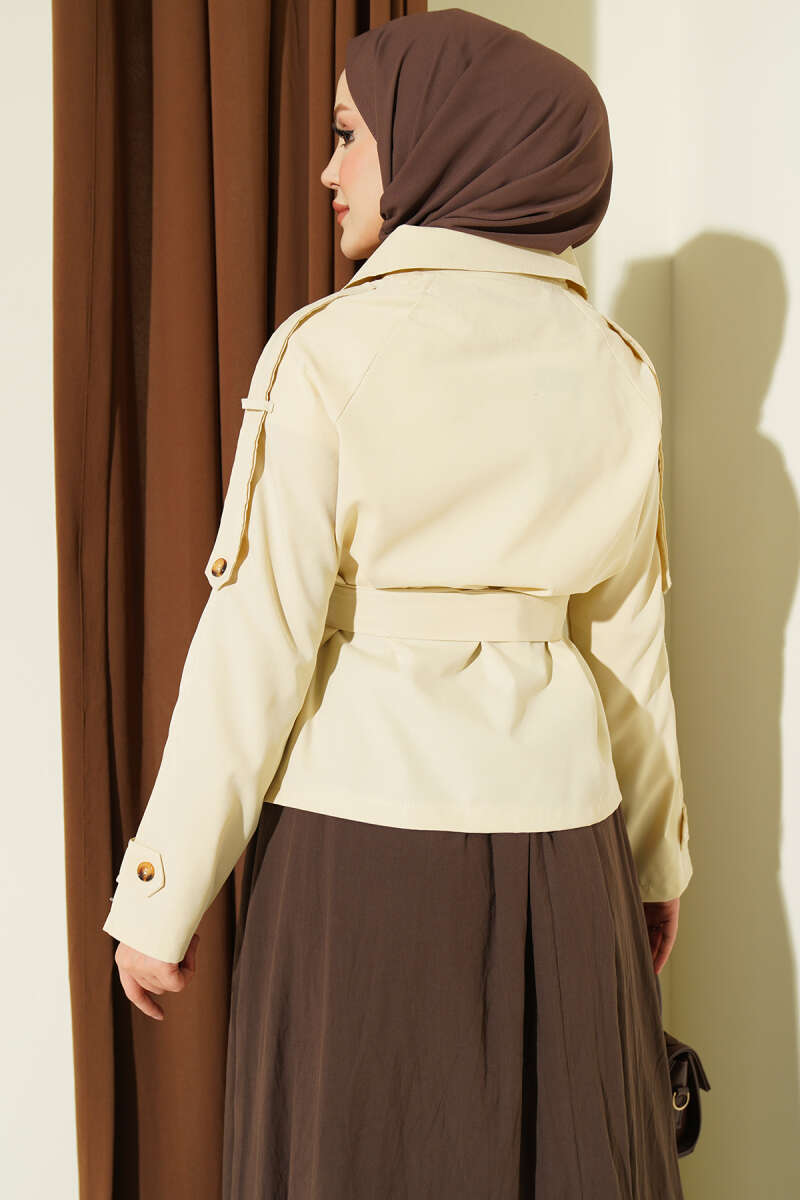 Trench Coat with Button Collar and Epaulettes - Beige