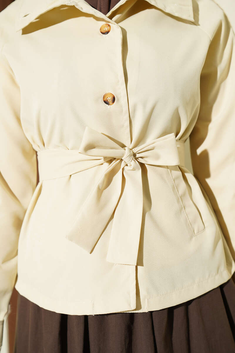 Trench Coat with Button Collar and Epaulettes - Beige