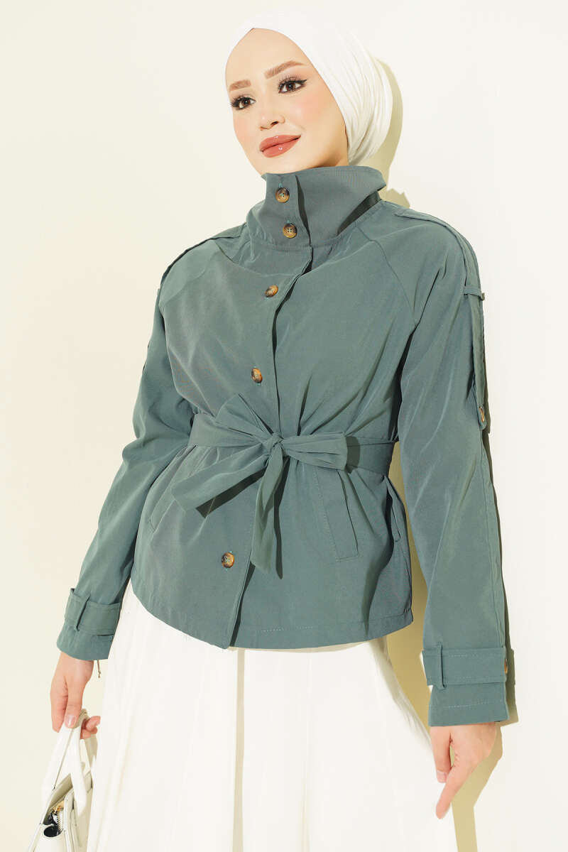 Trench Coat with Button Collar and Epaulettes - Almond Green