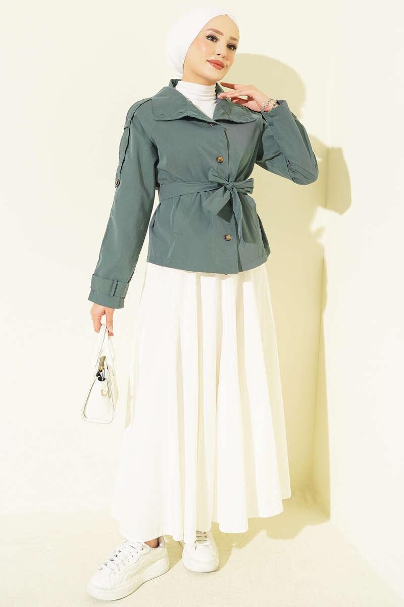 Trench Coat with Button Collar and Epaulettes - Almond Green