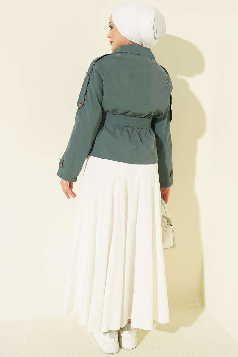Trench Coat with Button Collar and Epaulettes - Almond Green