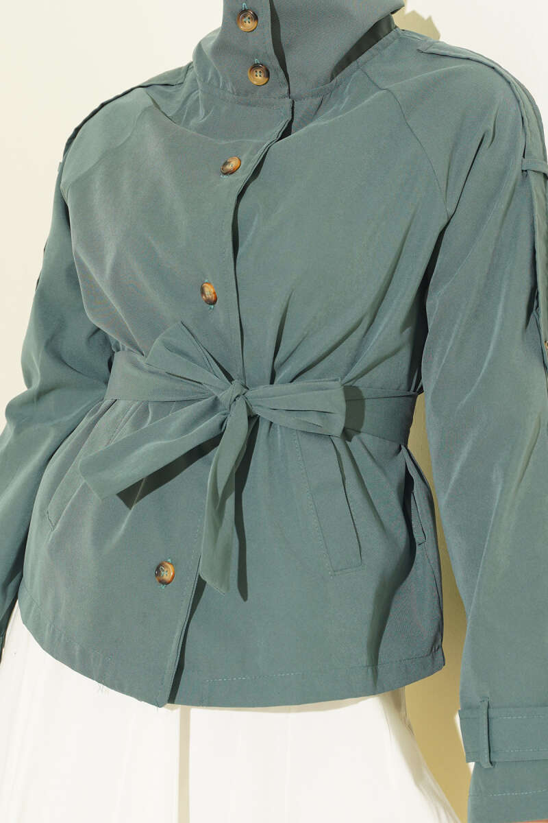 Trench Coat with Button Collar and Epaulettes - Almond Green