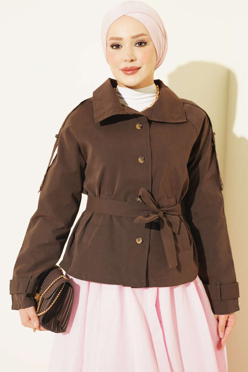 Trench Coat with Button Collar and Epaulettes - Brown