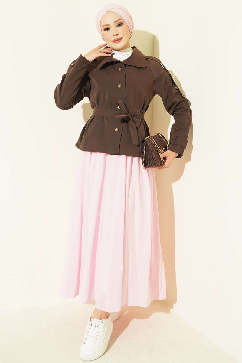 Trench Coat with Button Collar and Epaulettes - Brown