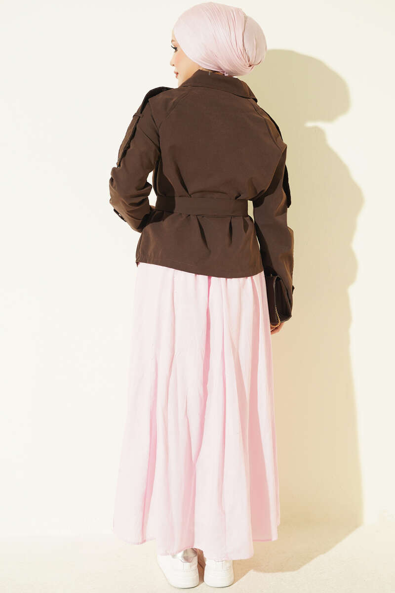 Trench Coat with Button Collar and Epaulettes - Brown
