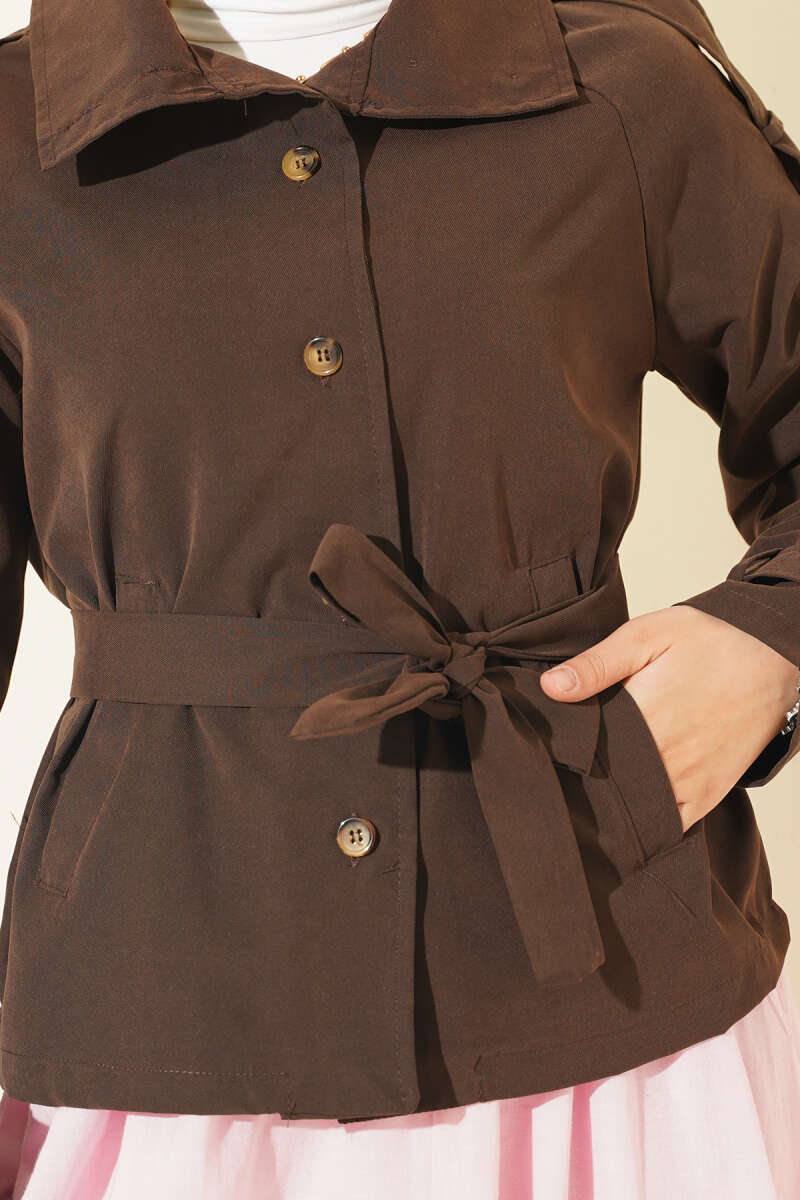 Trench Coat with Button Collar and Epaulettes - Brown