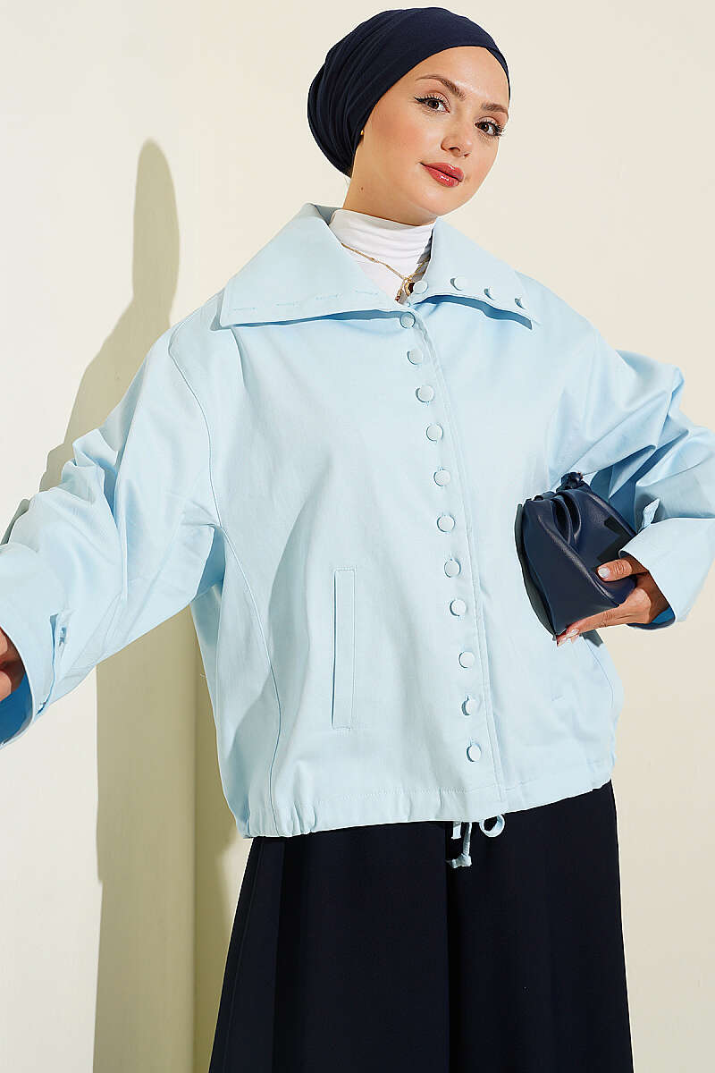 Oversized Jacket with Button Collar - Blue