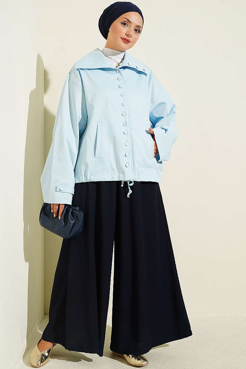 Oversized Jacket with Button Collar - Blue