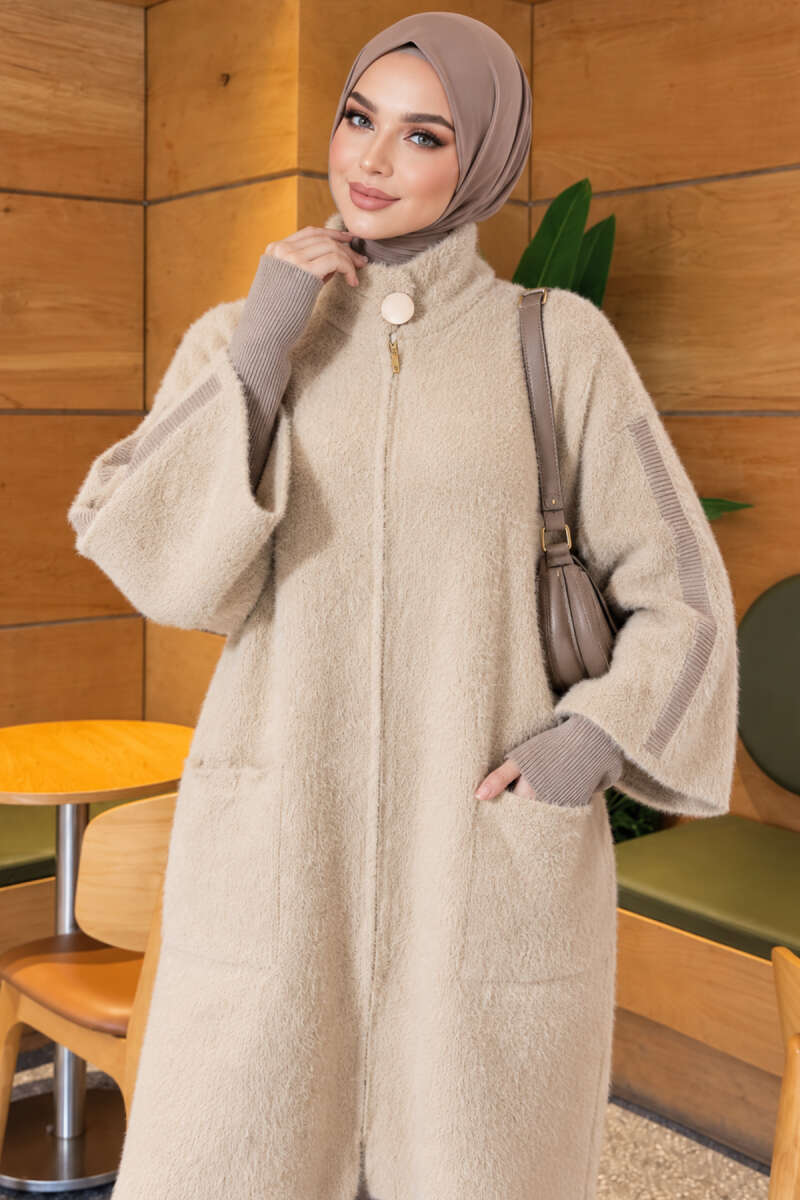 Long Brushed Cardigan with Button Collar - Beige