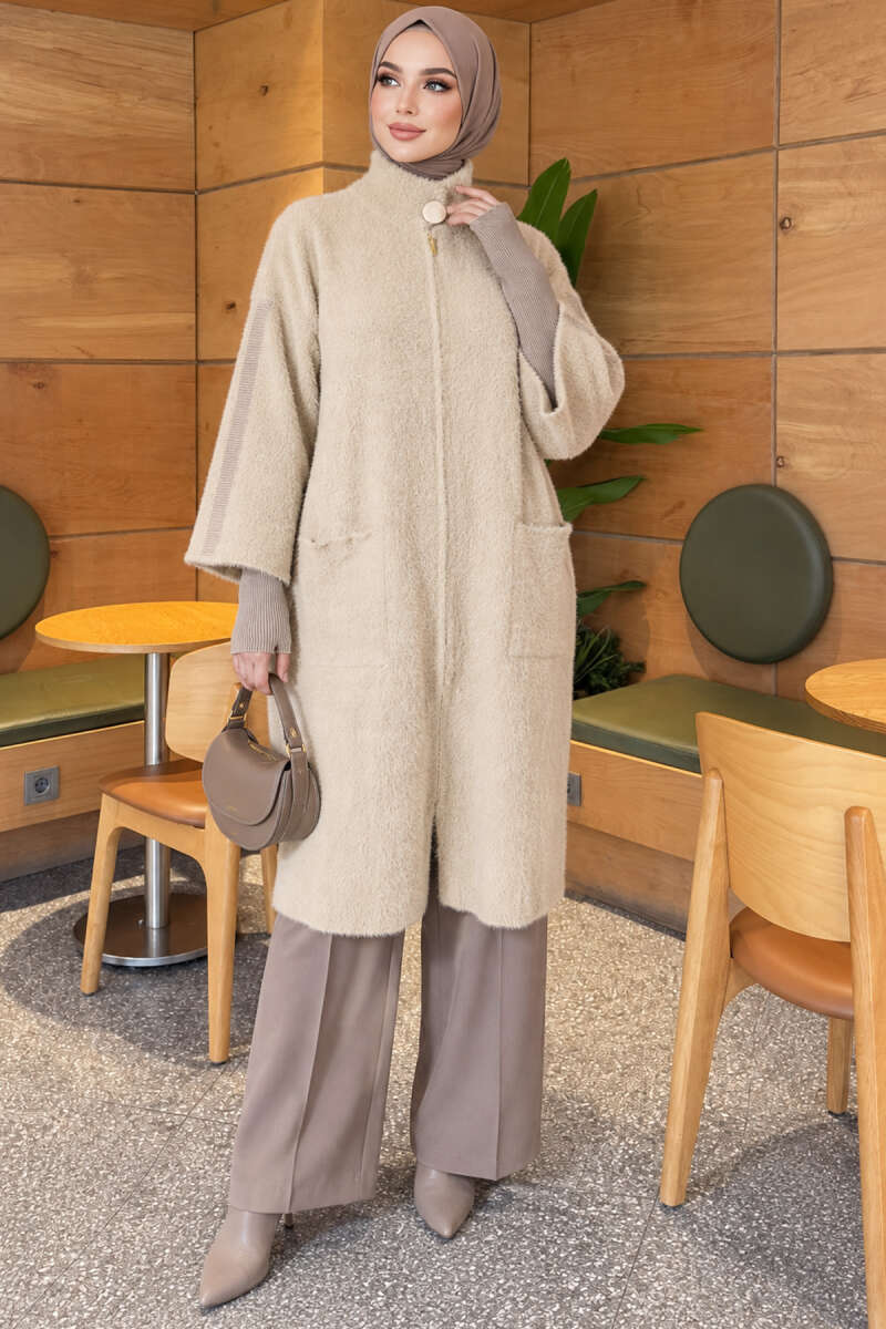 Long Brushed Cardigan with Button Collar - Beige