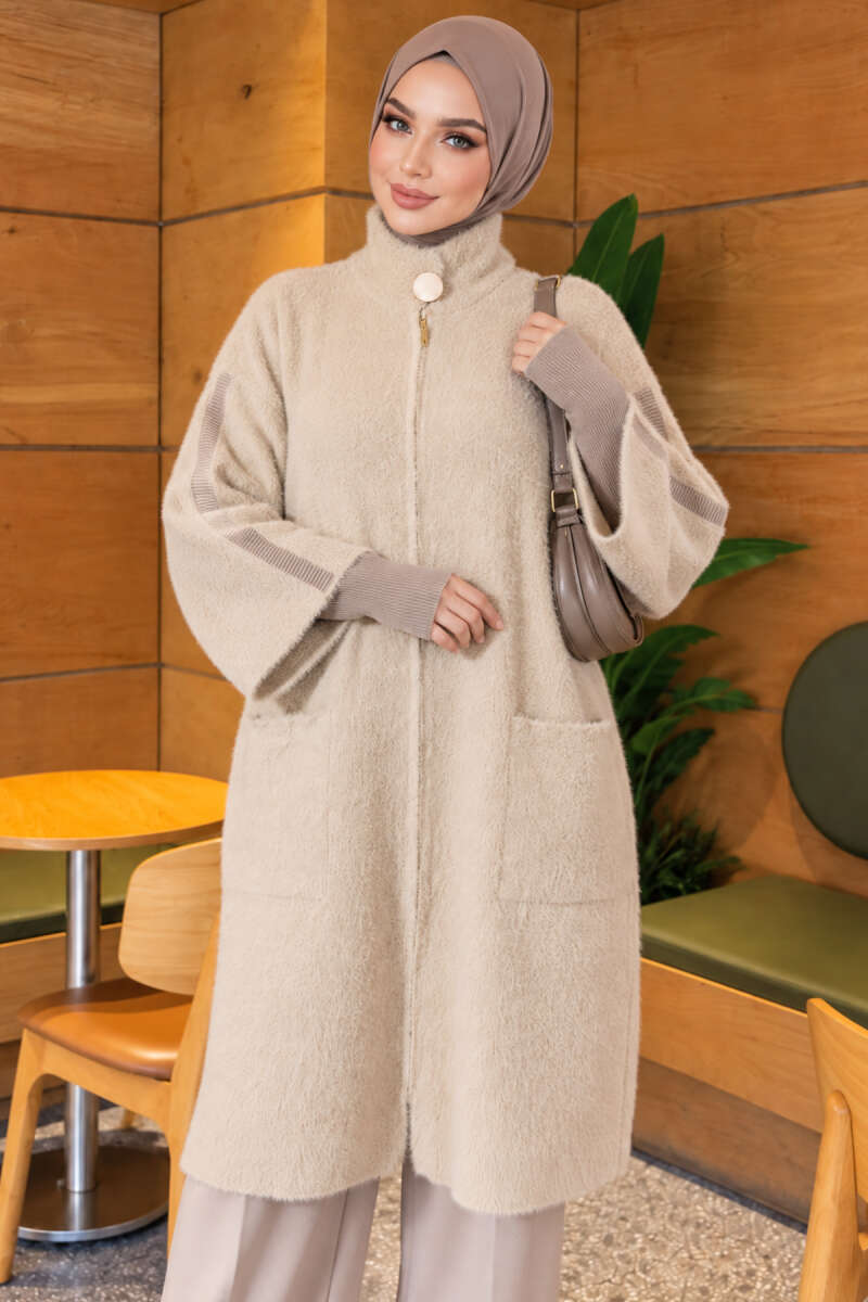Long Brushed Cardigan with Button Collar - Beige