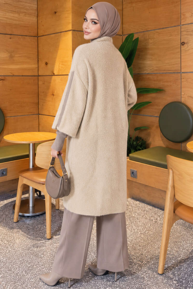 Long Brushed Cardigan with Button Collar - Beige