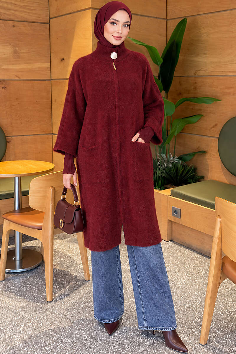 Long Brushed Cardigan with Button Collar - Burgundy